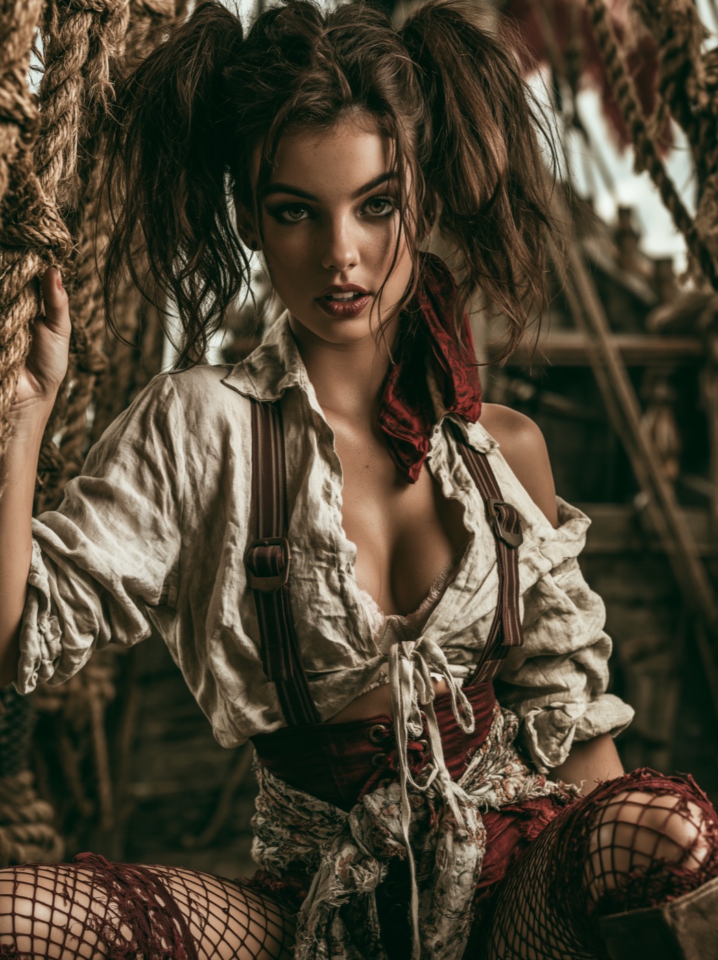 AI-generated Brine costume concept emphasizing high pigtails, a weathered white blouse, suspenders, and salt-worn textures