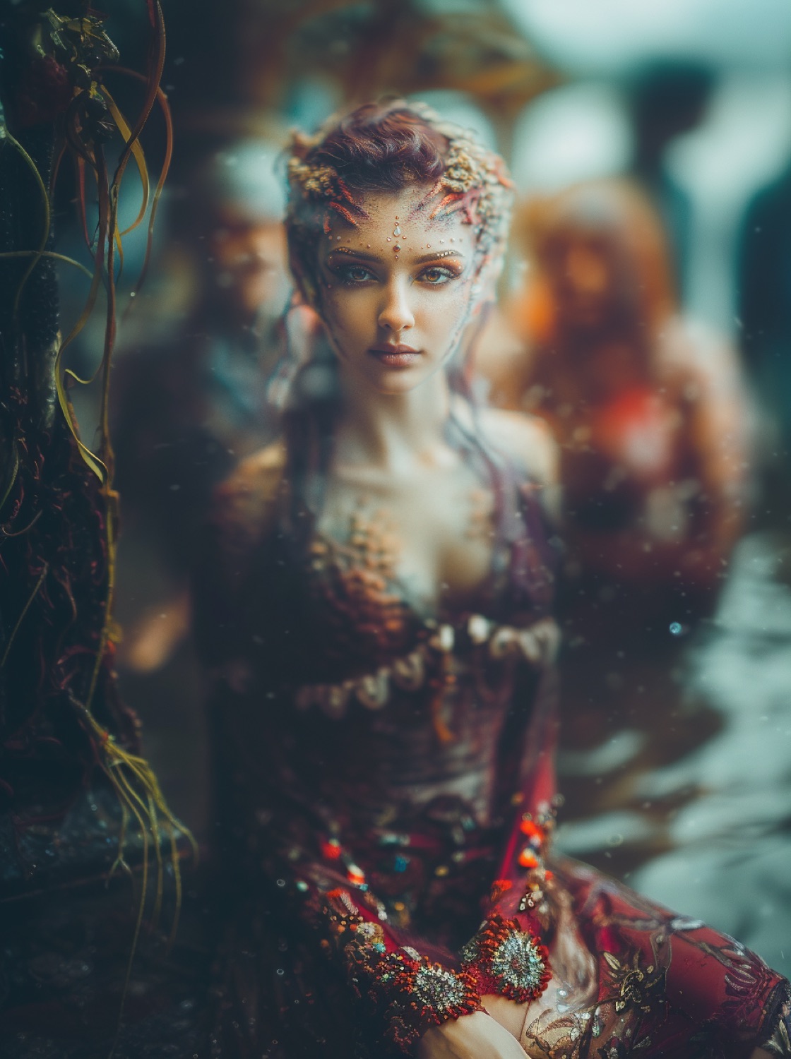 AI-generated Coralline costume concept emphasizing a structured garnet bodice, coral filigree, jeweled wrist pieces, and underwater court styling