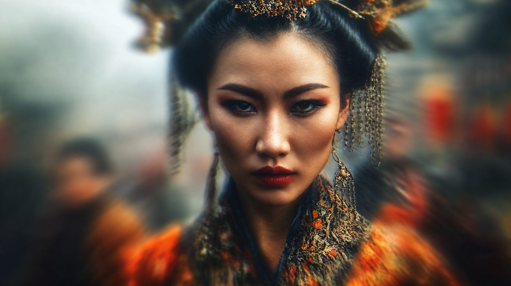 A poised Asian courtesan performer with natural skin texture in vivid ceremonial styling