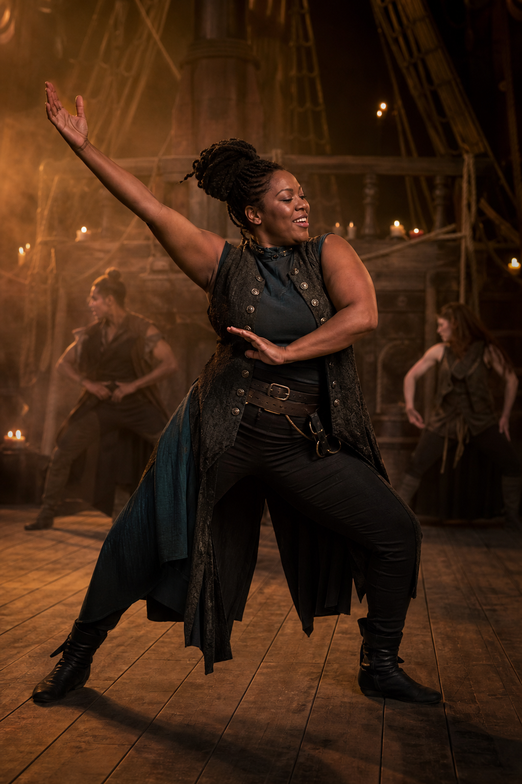 A fuller-figured Black woman leading a theatrical ensemble dance aboard a candlelit ship