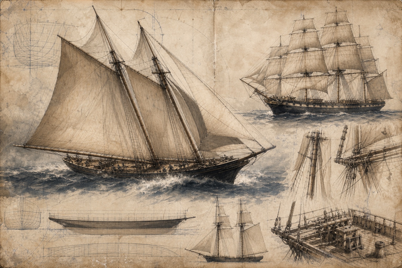 Production sketches of an American Baltimore clipper-style schooner and an 1830s packet ship
