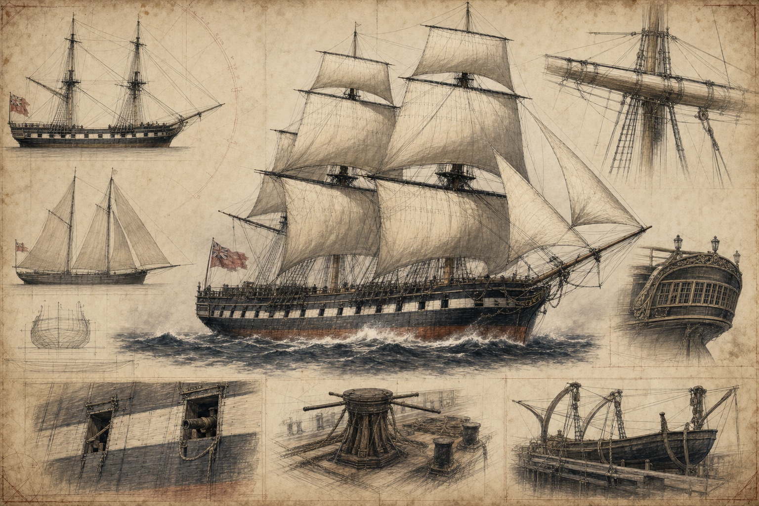 Nineteenth-century ship studies from the Hidden Tide production-design archive
