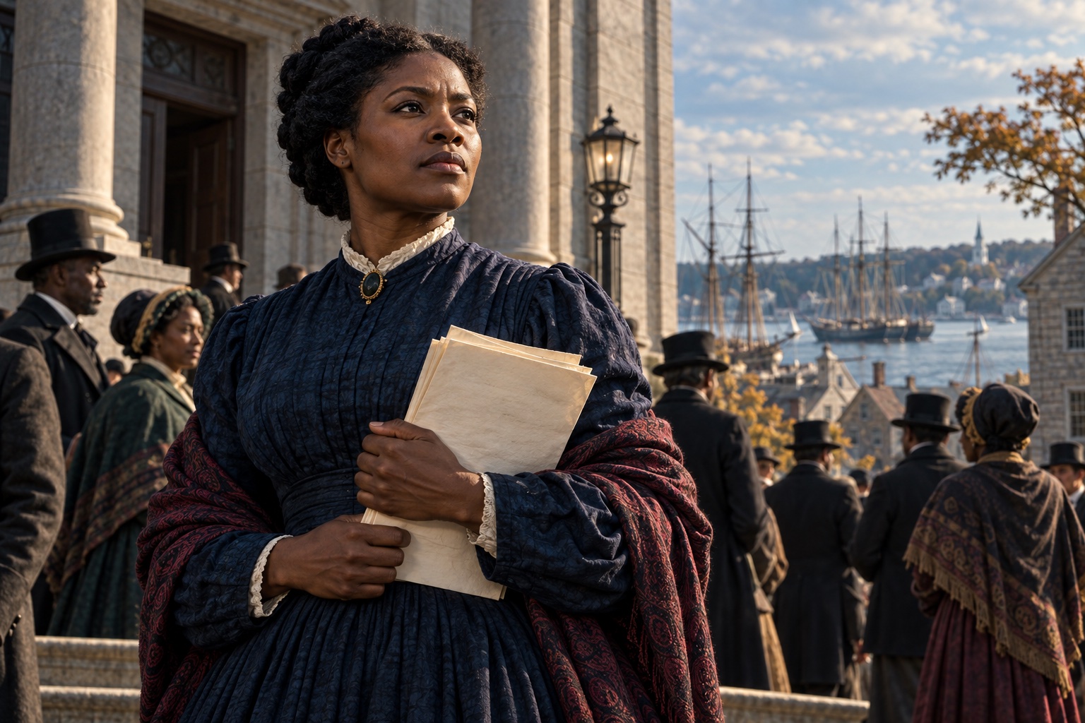 Imagined adult Black abolitionist holding petition papers outside a Connecticut courthouse with a steady, resolute gaze.