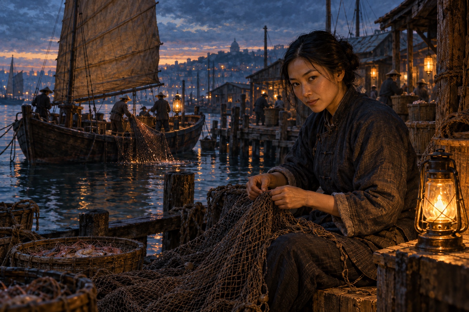 Imagined Chinese woman tending fishing nets by lantern light at a San Francisco Bay shrimping settlement.