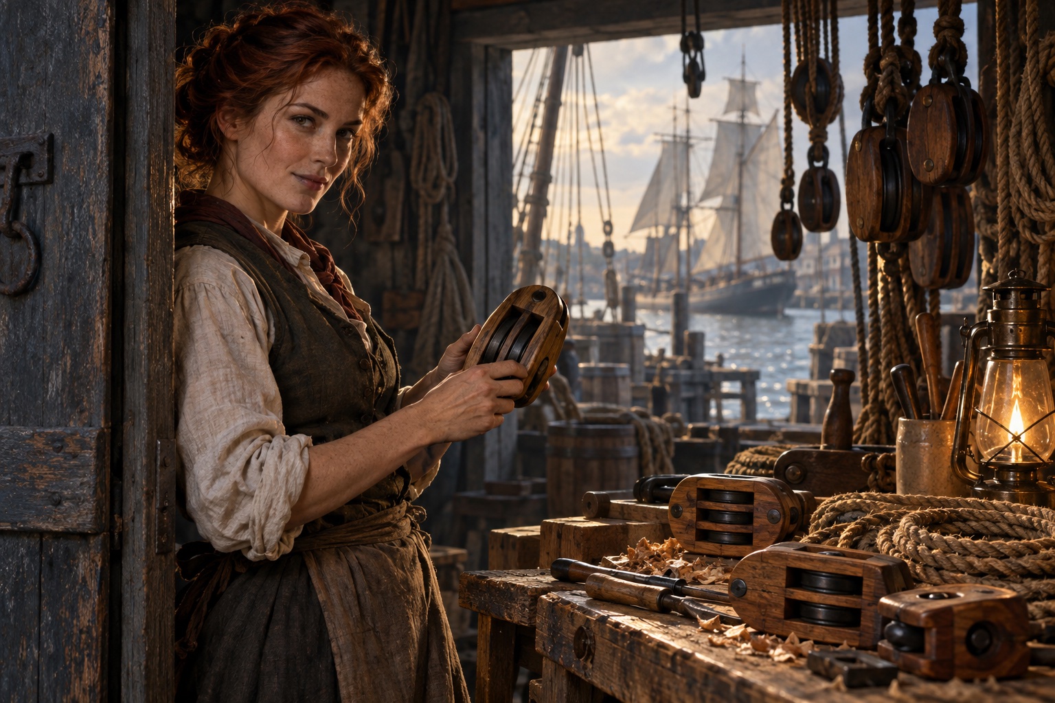 Imagined woman blockmaker testing a wooden pulley in a lamplit maritime workshop.