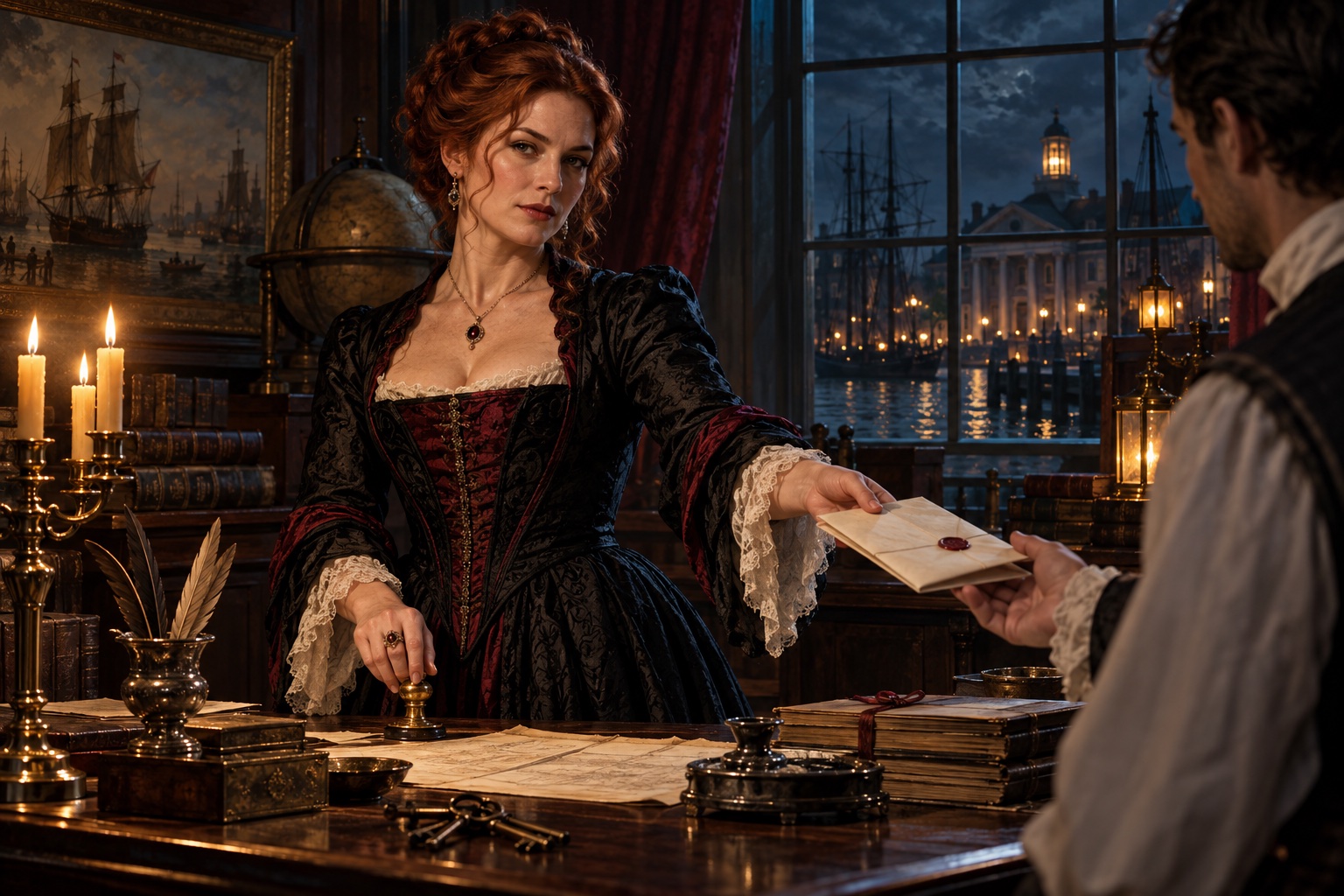 Imagined woman directing maritime legal affairs, handing a document to a clerk beside a candlelit desk.