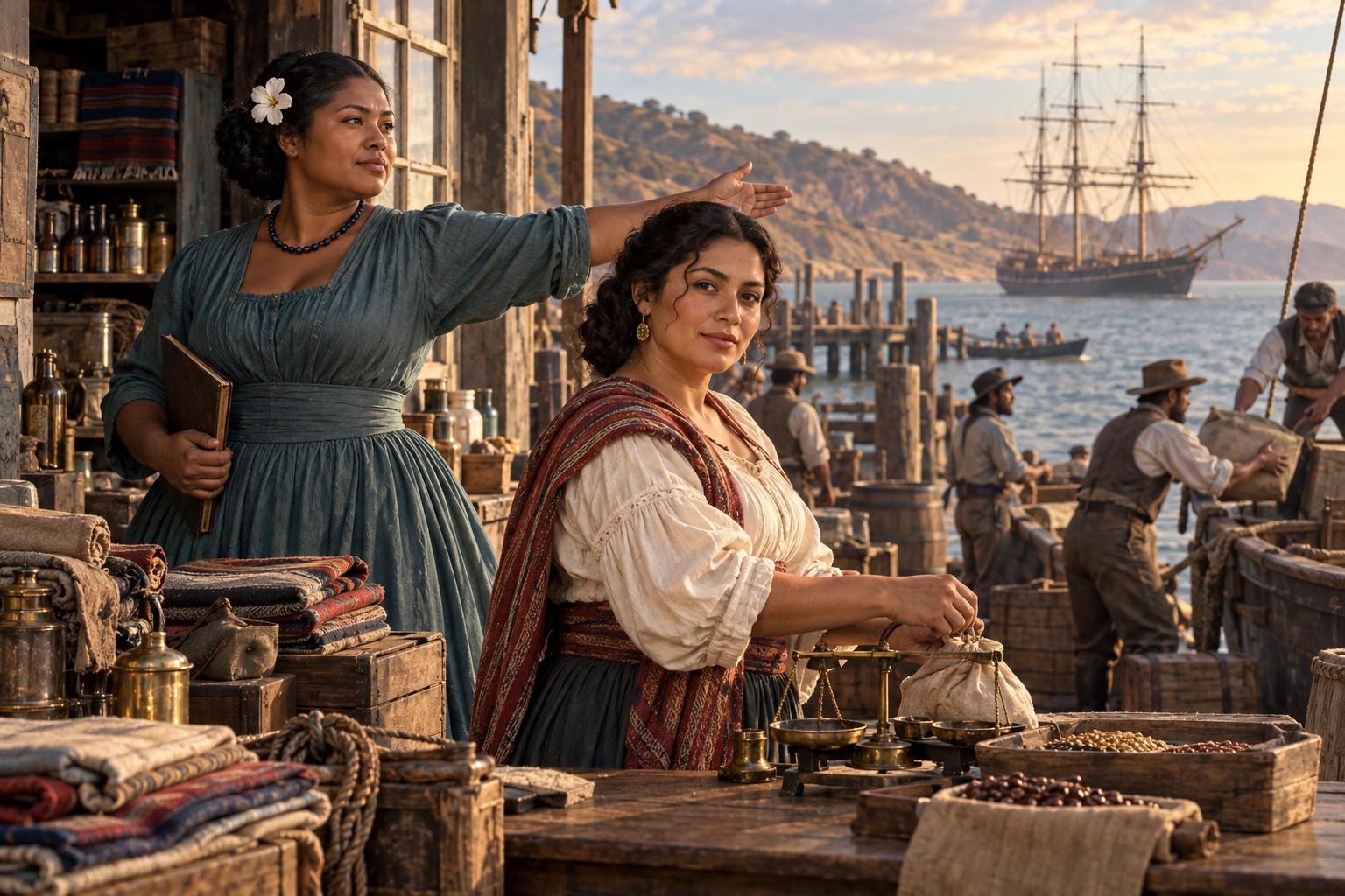 Imagined Native Hawaiian and Californio women working as partners in a Gold Rush waterfront provisioning store.