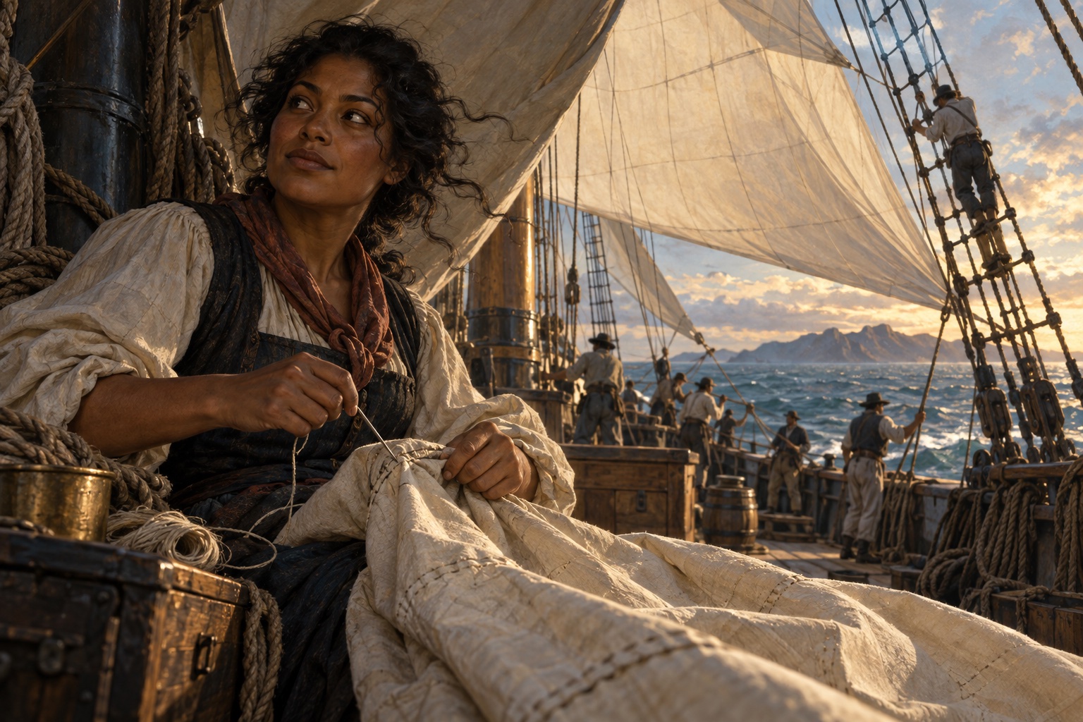 Imagined woman sailmaker mending ivory canvas in the shadow of a working sailing ship.