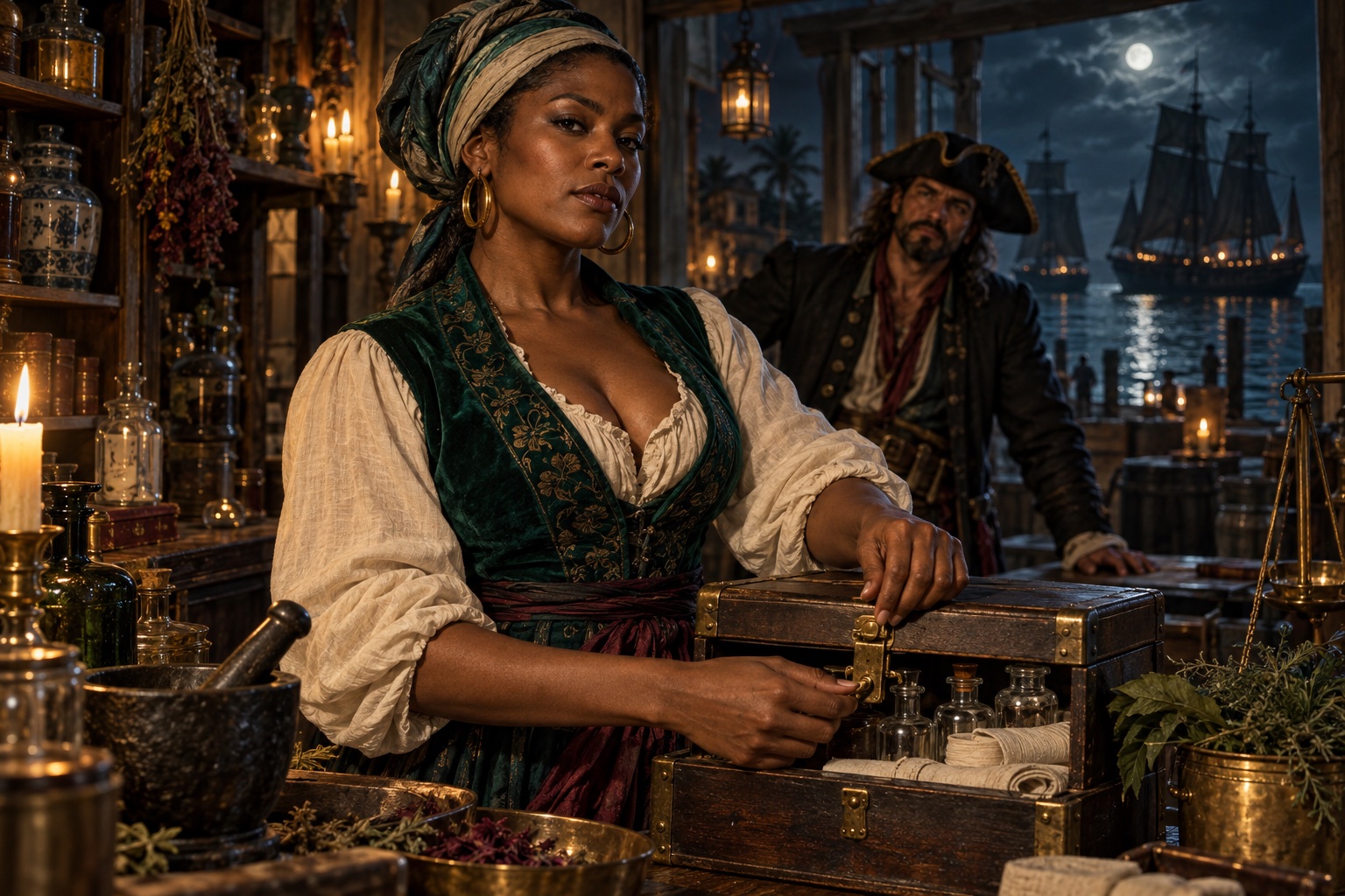 Imagined Black woman apothecary commanding a candlelit medicine chest while a pirate envoy waits.