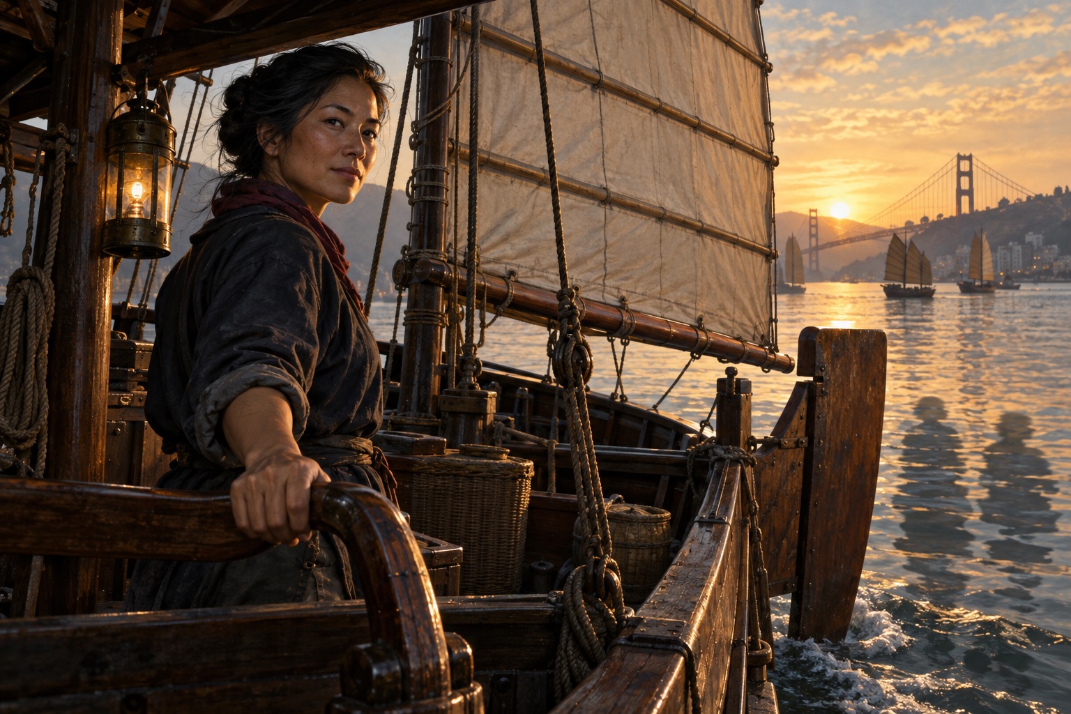 Imagined Chinese American woman at the helm of a traditional shrimp-junk replica on the Bay.