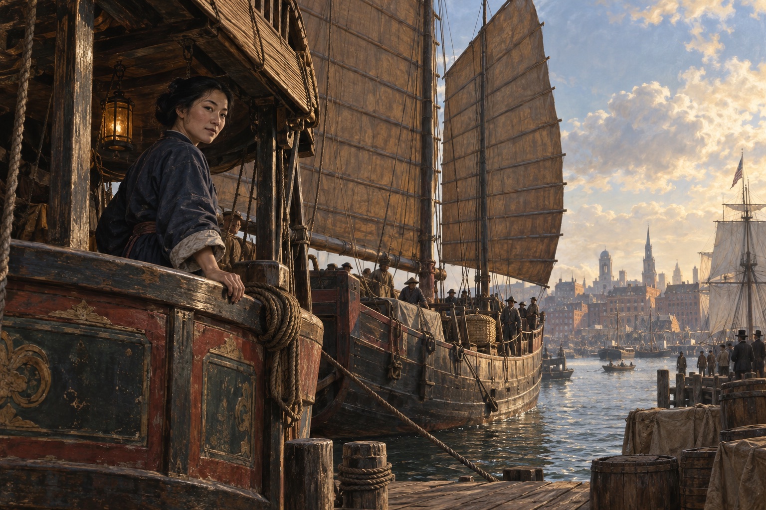 Imagined Chinese woman traveler beneath the shaded stern awning of Keying in New York harbor.