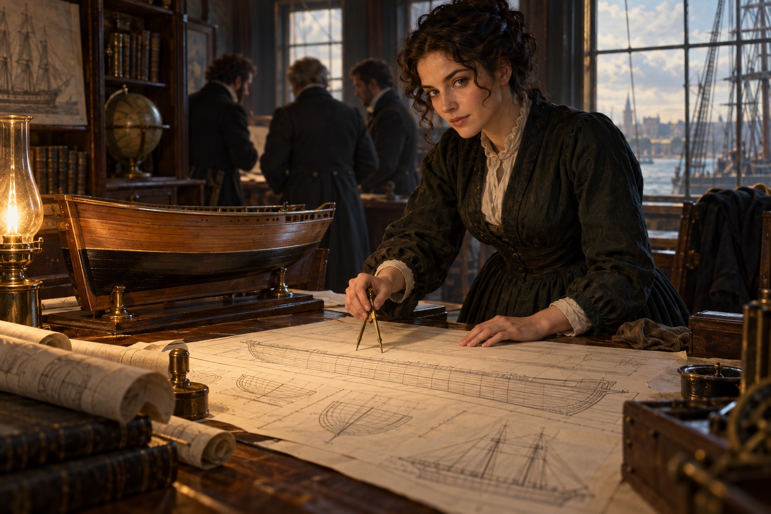 Imagined woman studying a merchant-ship plan beside a half-hull model in a drafting room.