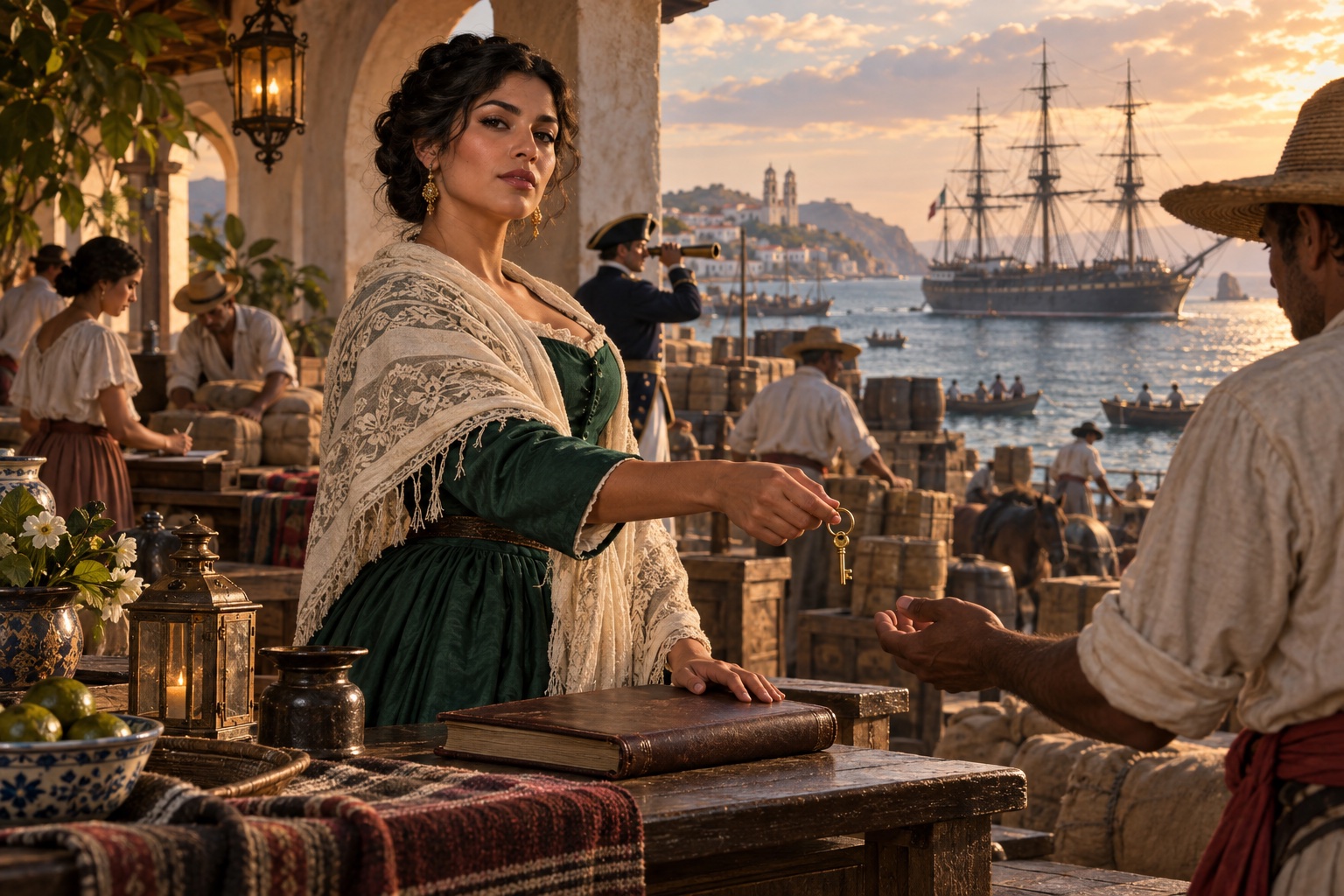 Imagined Mexican woman directing a coastal trading house as a naval ship lies beyond the harbor.