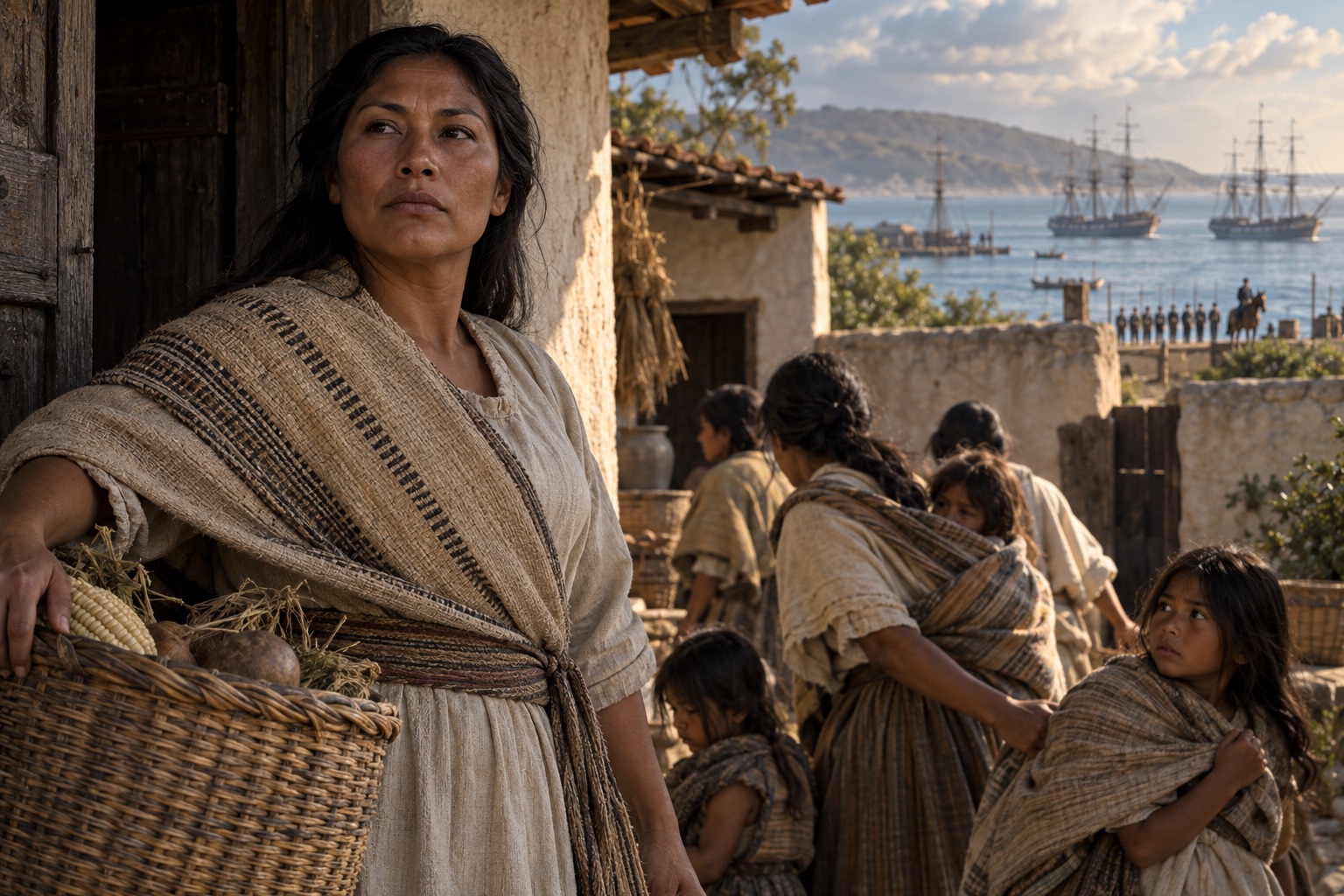 Imagined Indigenous California woman protecting her community near Monterey during the occupation.