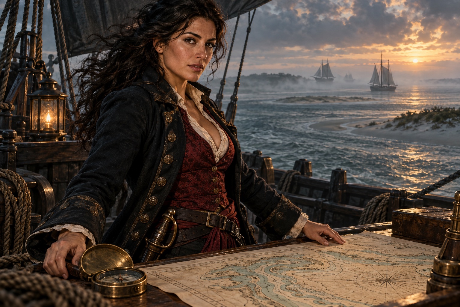 Imagined woman pirate navigator in a dark tailored coat, studying the shoals from a ship’s deck at dawn.