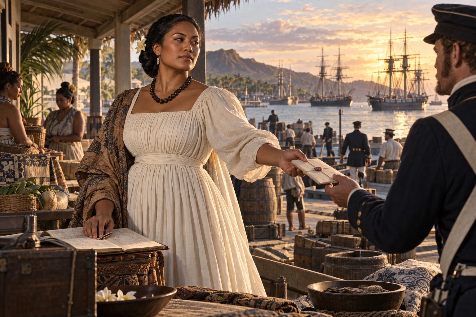 Imagined Native Hawaiian woman directing news and provisions from an 1840s Honolulu waterfront veranda.