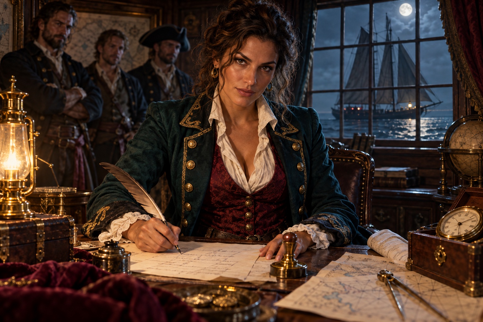 Imagined woman privateer owner signing a commission in a richly lit captain’s cabin.