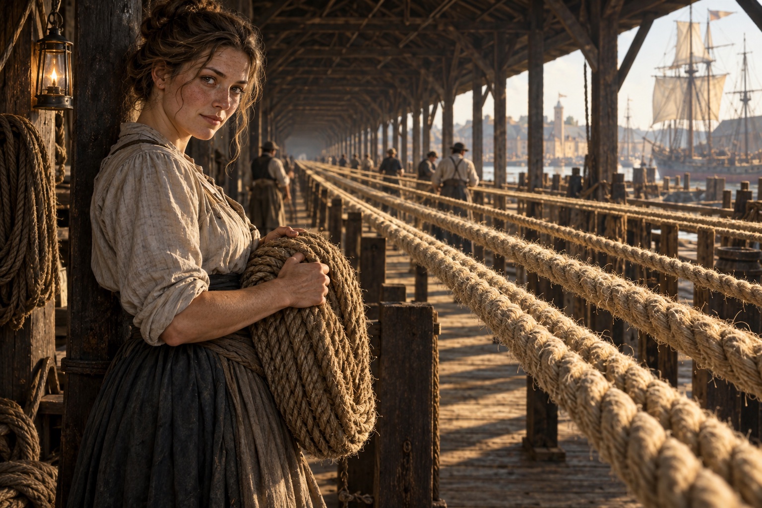 Imagined woman ropeworker with a coil of hemp amid the long lines of a navy-yard ropewalk.