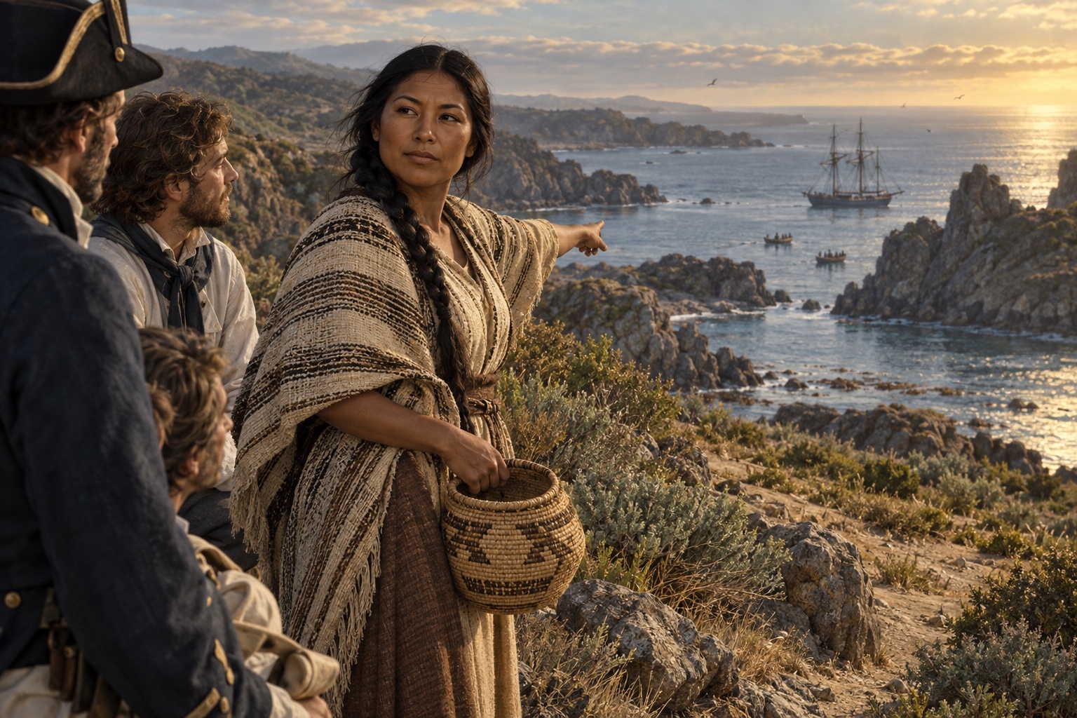 Imagined Indigenous California woman guiding people along a sheltered San Diego coastal route.