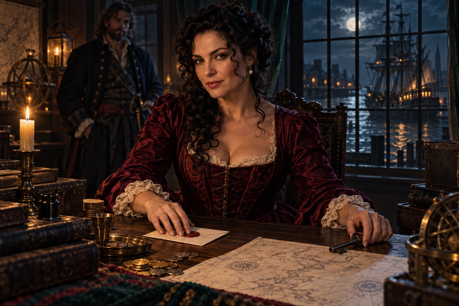 Imagined woman harbor power broker in burgundy silk, holding a sealed letter and key beside a moonlit New York waterfront.